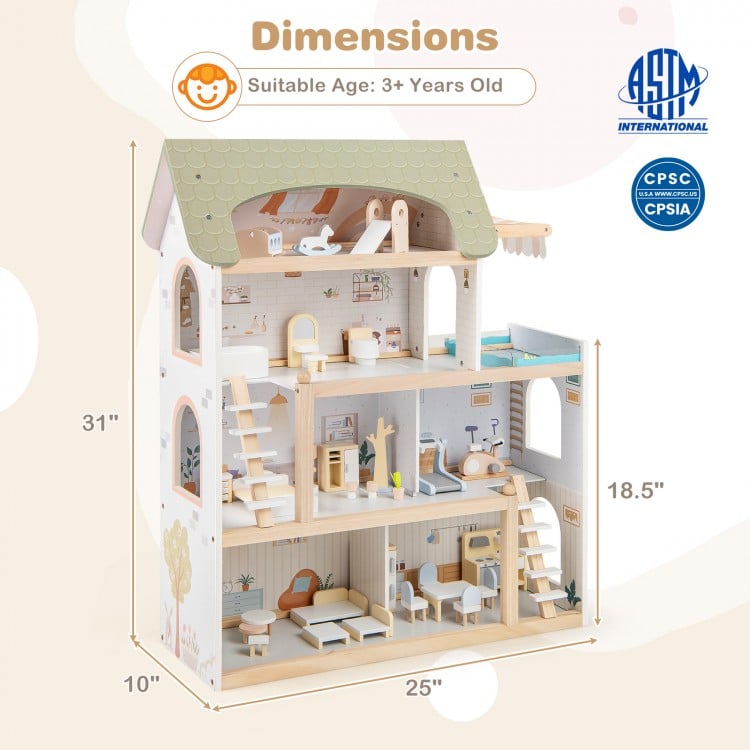 Wooden dollhouse with 33 furniture pieces, featuring movable stairs and a robust design for kids' imaginative play.