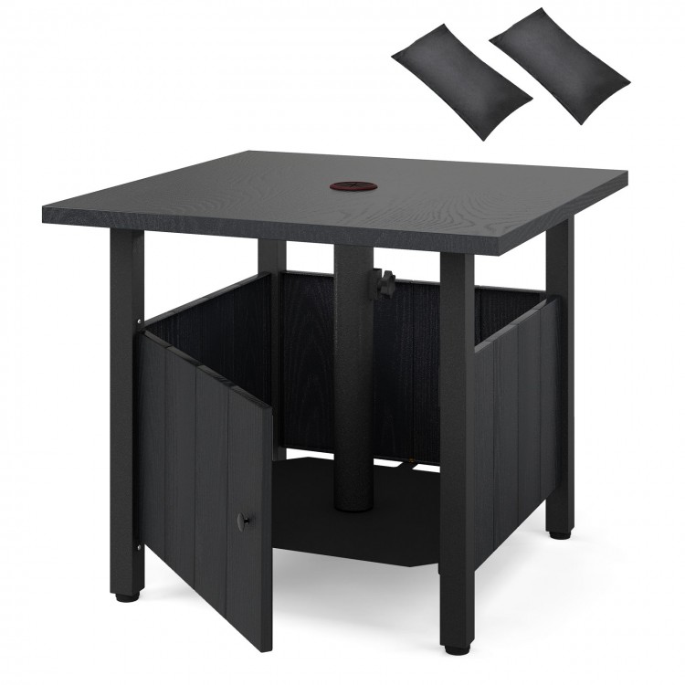Black outdoor side table with 1.89" umbrella hole, sturdy zinc-iron structure, and storage door for patio use.