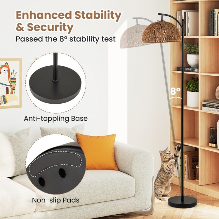 Arc floor lamp with a black anti-tipping base and hanging lampshade, ideal for living room or bedroom lighting.