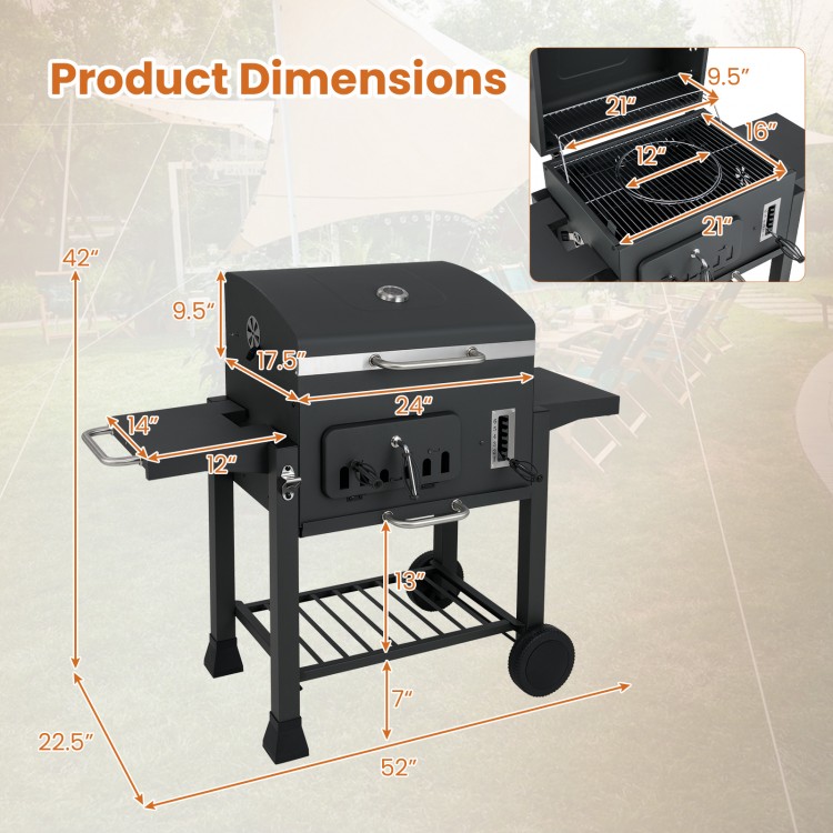 24-inch barrel charcoal grill with dimensions, featuring 544 sq.in cooking area and 2 folding side tables for outdoor.