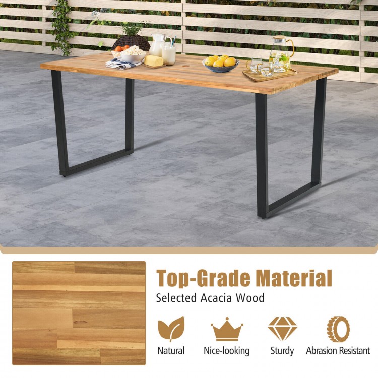 Acacia wood outdoor dining table with sturdy metal frame, 69" x 32" size, designed for 6 people and includes 2".