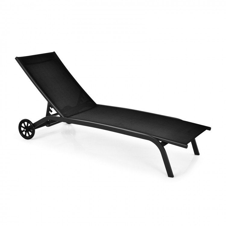 Black outdoor chaise recliner with wheels, showcasing a sleek design and quick-drying fabric, ideal for backyard.