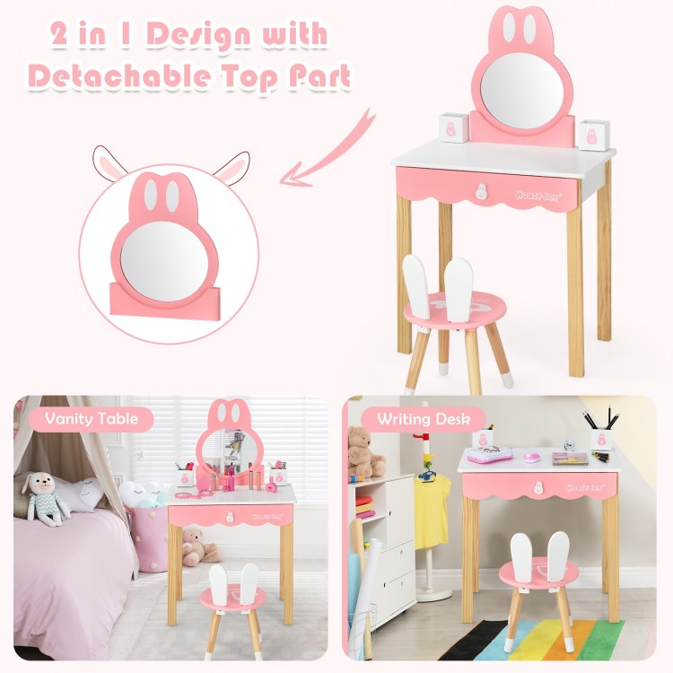 Kids vanity set featuring a rabbit design, detachable mirror, and storage drawer, perfect for playroom or bedroom use.