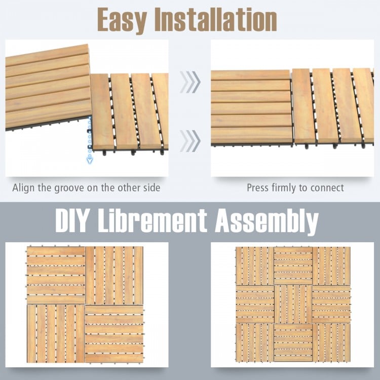 Acacia wood interlocking tile flooring showing easy installation steps for DIY assembly, ideal for garden or balcony.