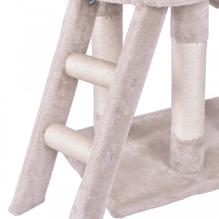 Close-up of the scratching posts on the 56-inch cat play tree, featuring soft fabric and sisal rope for climbing and.