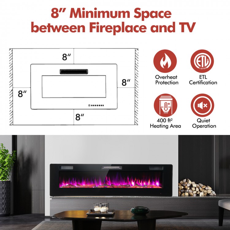60-inch ultra-thin electric fireplace with remote control, customizable heating, and 12 flame colors for cozy ambiance.