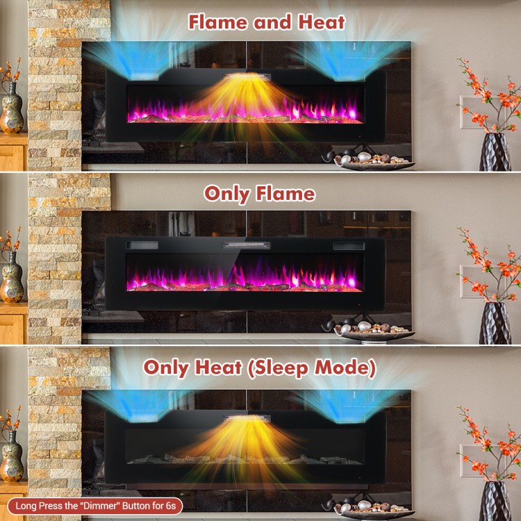 Electric fireplace showing flame and heat settings, featuring 12 flame colors and remote control for customizable.