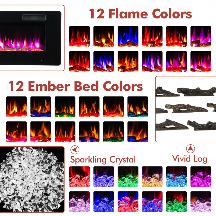 Color options for the 60 inches electric fireplace, showcasing 12 flame colors and 12 ember bed colors for.