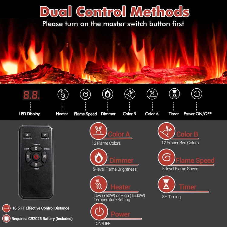 60-inch ultra-thin electric fireplace remote control features 12 flame colors, 750W/1500W heat settings, and 8H timer.
