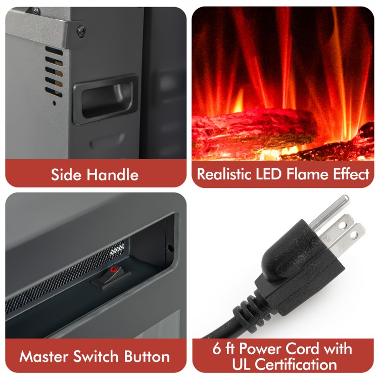 Close-up of the side handle and master switch button on the 60-inch ultra-thin electric fireplace with remote control.