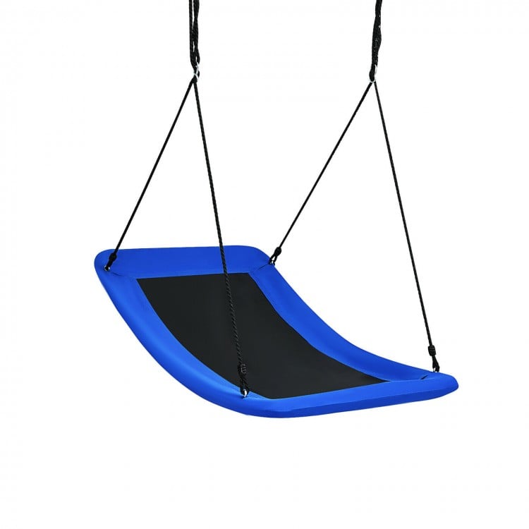 Blue 60-inch platform tree swing with adjustable ropes, durable fabric, and foam padding for kids and adults.