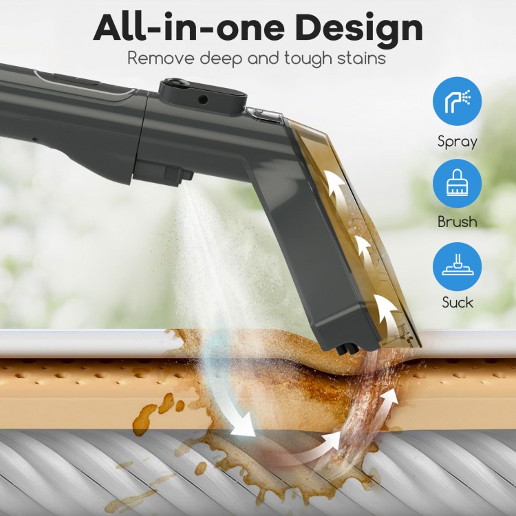 Upholstery cleaner machine nozzle showing all-in-one design for spray, brush, and suction to tackle tough stains.