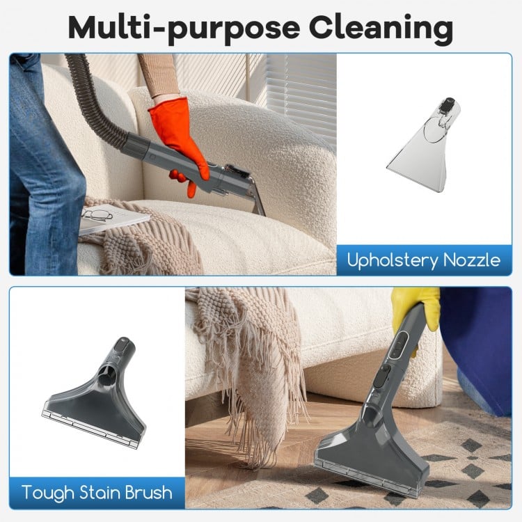 Upholstery cleaner machine with upholstery nozzle and tough stain brush for versatile cleaning on various surfaces.