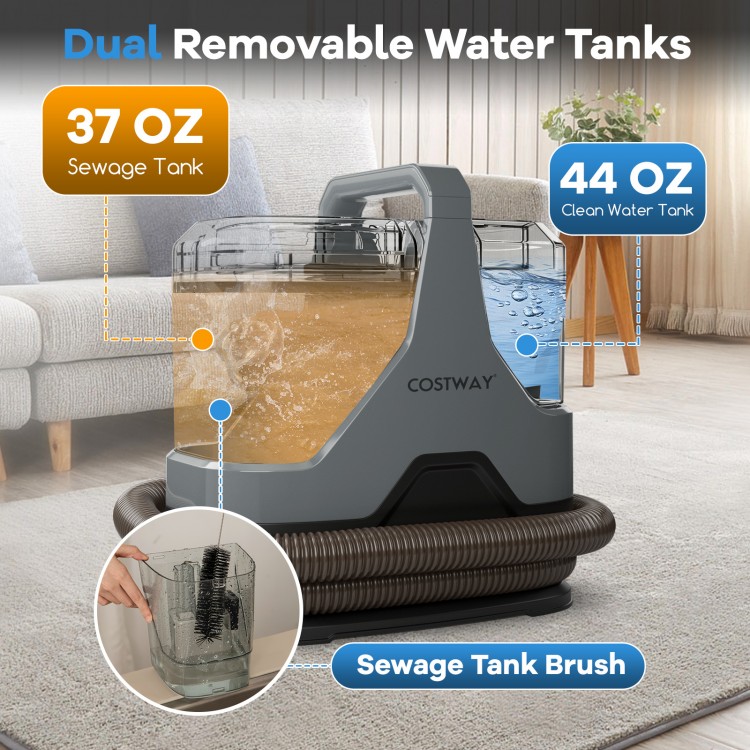 Dual removable water tanks of the 600W upholstery cleaner, featuring 37 oz sewage and 44 oz clean water capacity.
