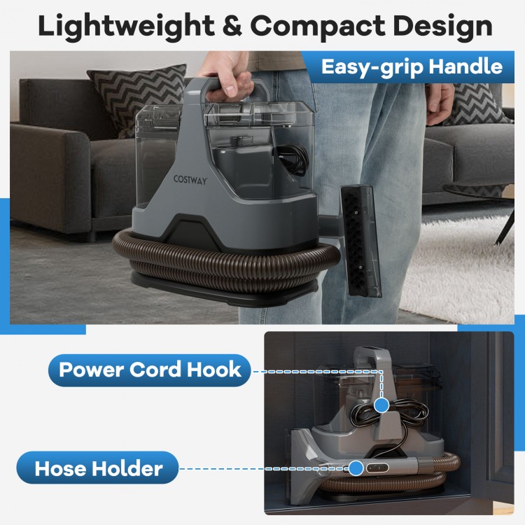 Upholstery cleaner machine in gray with easy-grip handle, hose holder, and power cord hook for versatile cleaning.
