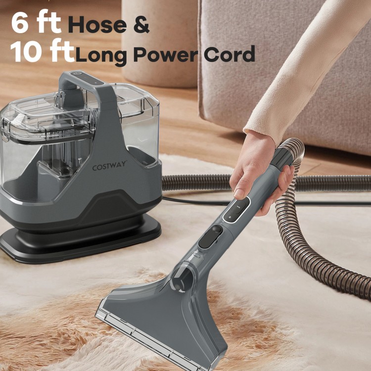 Upholstery cleaner machine with 6 ft hose and 10 ft power cord, designed for deep stain removal on carpets and couches.