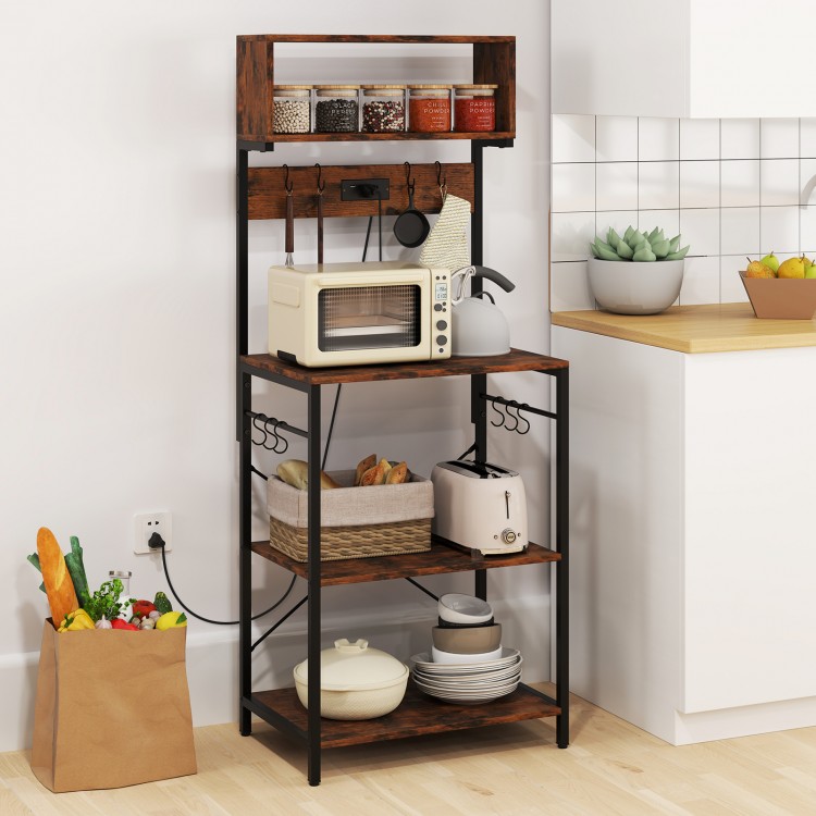Rustic brown 5-tier microwave stand featuring a wide countertop, robust metal frame, and adjustable foot pads for.