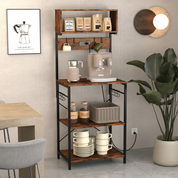 5-tier microwave stand in rustic brown with open shelves, power outlet, and 10 hooks for kitchen organization.