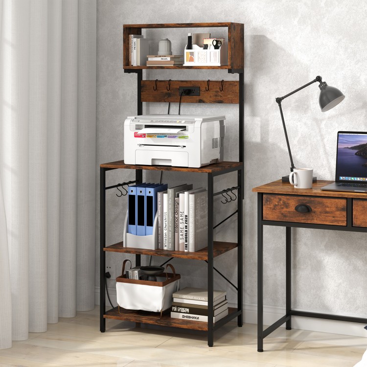5-tier microwave stand in rustic brown showcasing a wide countertop, sturdy metal frame, and multiple hanging hooks for.