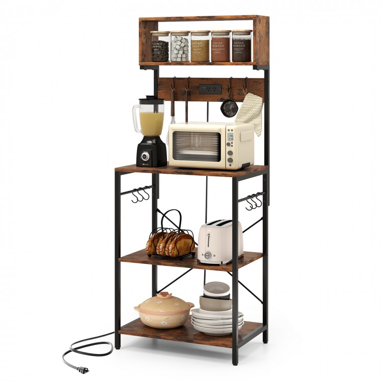 5-tier microwave stand in rustic brown with power outlet, open shelves, and 10 hooks for versatile kitchen storage.