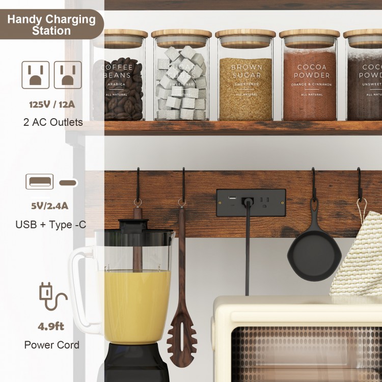 5-tier microwave stand in rustic brown with power outlet, 10 hooks, and open shelves for versatile kitchen storage.