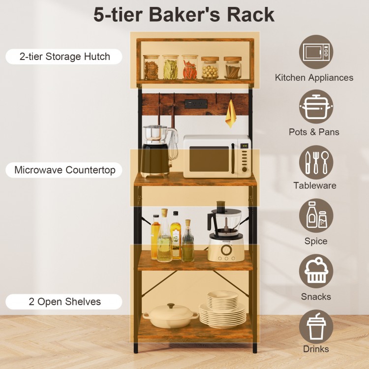 5-tier microwave stand in rustic brown with open shelves, power outlet, and 10 hooks for versatile kitchen storage.