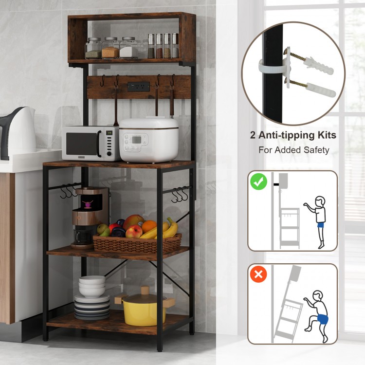 5-tier microwave stand in rustic brown with power outlet, 10 hooks, and anti-tipping kit for kitchen stability.