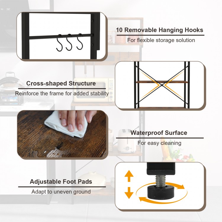 5-tier microwave stand in rustic brown with 10 removable hooks, adjustable foot pads, and waterproof surface for easy.