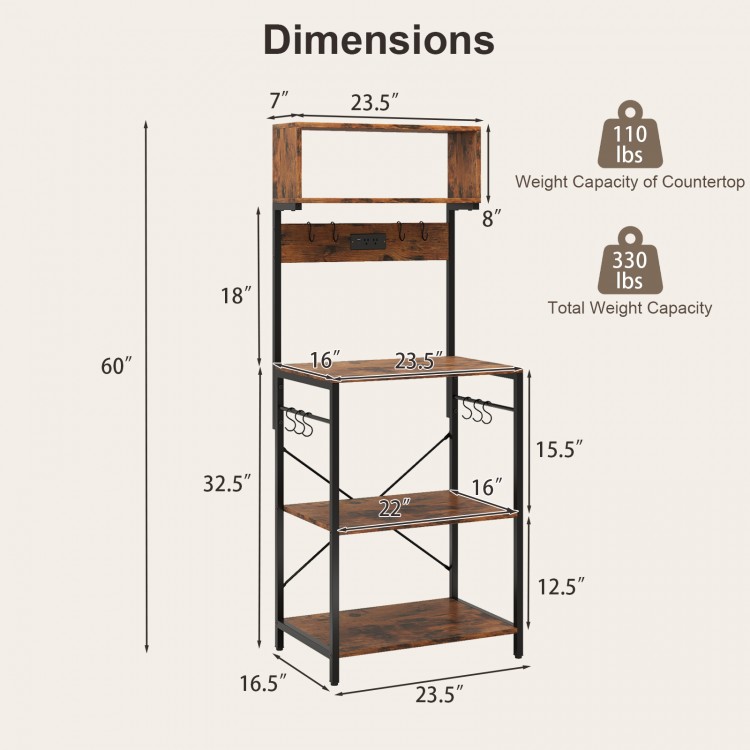 Dimensions of the 5-tier microwave stand in rustic brown, showcasing 60" height and 4 open shelves for versatile.