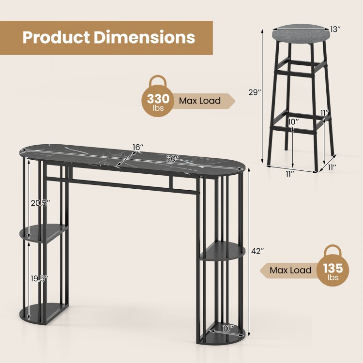 60-inch dining table with faux marble top and two upholstered barstools, featuring compact design and storage shelves.