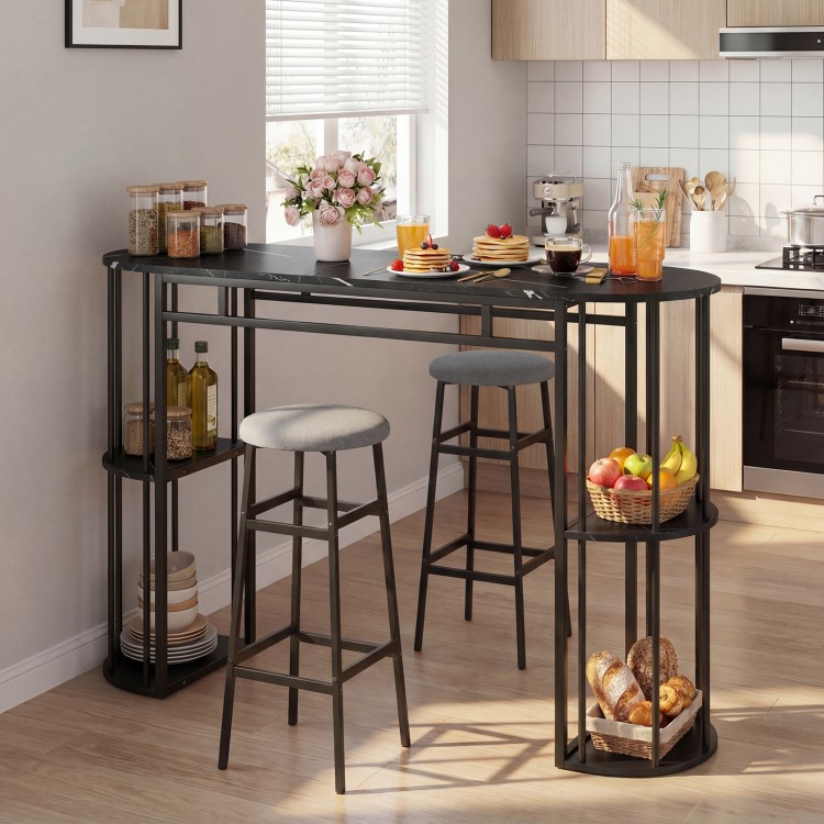 60-inch dining table with gray faux marble surface and two upholstered barstools, perfect for small kitchens.
