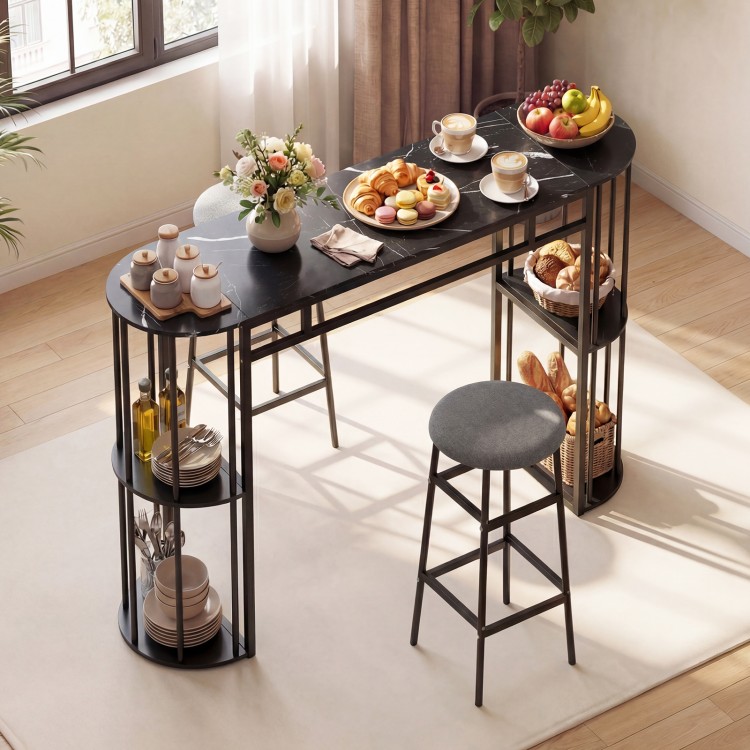 Dining table with faux marble surface and two upholstered barstools, featuring 2-tier shelves for organized storage.