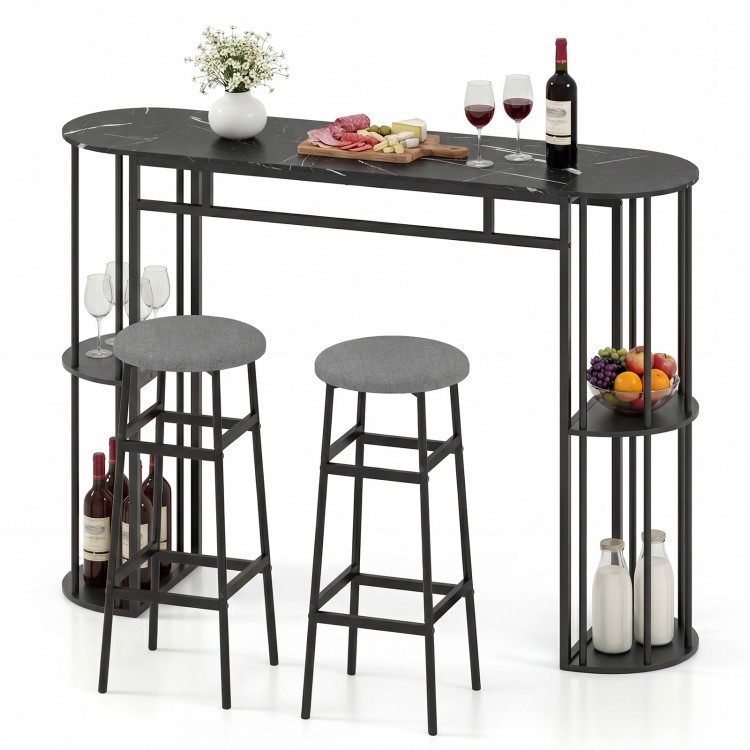 60-inch dining table with faux marble top and two upholstered barstools, perfect for small kitchens and apartments.