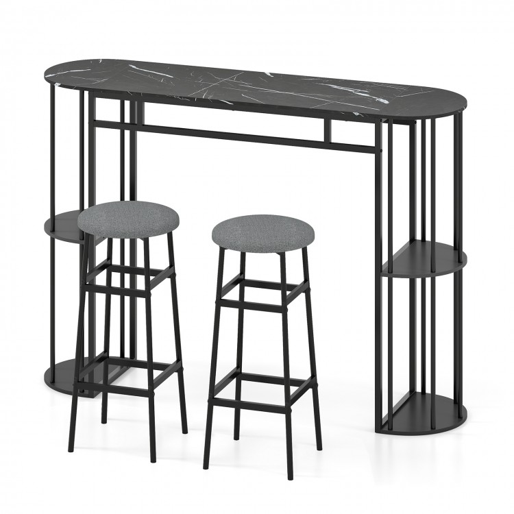 60-inch dining table with faux marble top and two upholstered barstools, perfect for small kitchens or apartments.
