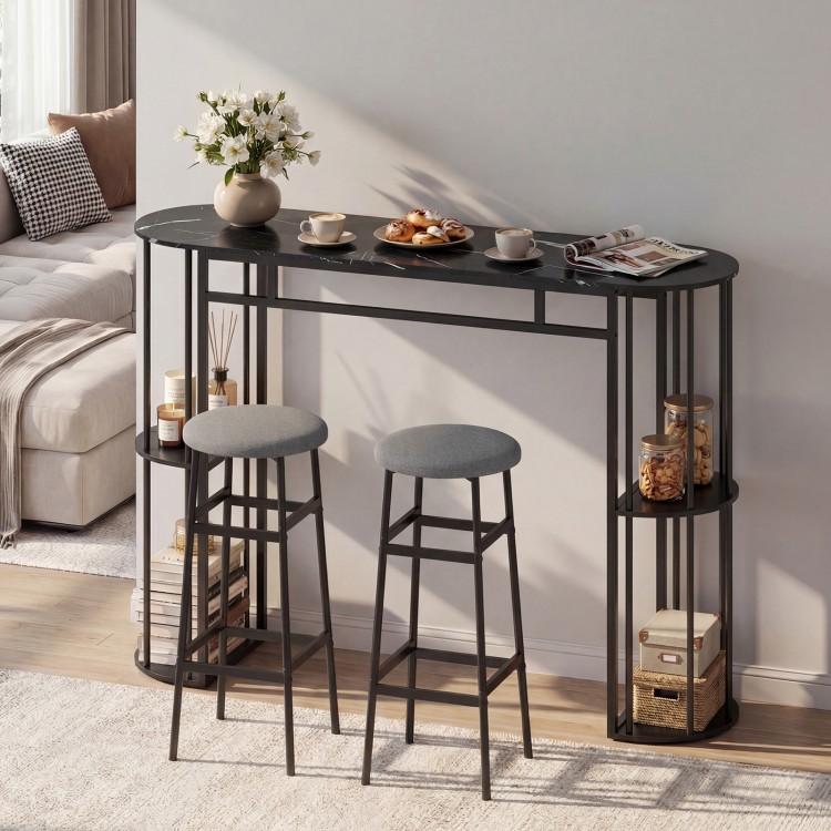 60-inch dining table with faux marble surface and two upholstered barstools, perfect for small kitchens and apartments.