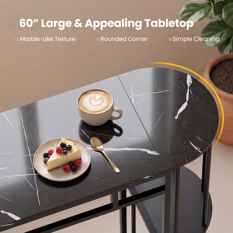 60" dining table with faux marble tabletop, featuring rounded corners and two upholstered barstools for compact dining.