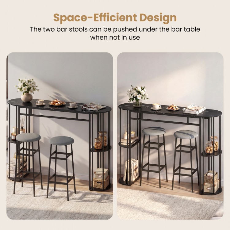 60-inch dining table with gray faux marble surface and two upholstered barstools, designed for space-saving in small.