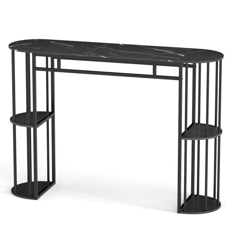 Narrow 60-inch black bar table with faux marble top and semi-circular storage shelves, ideal for small spaces.