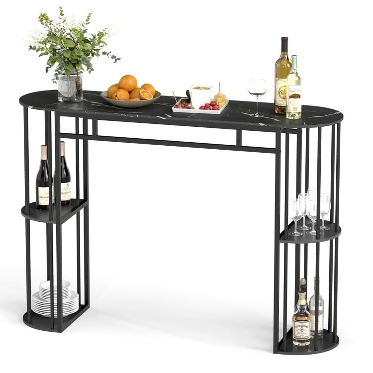 Narrow 60-inch bar table with faux marble top and black metal frame, featuring semi-circular storage shelves for modern.