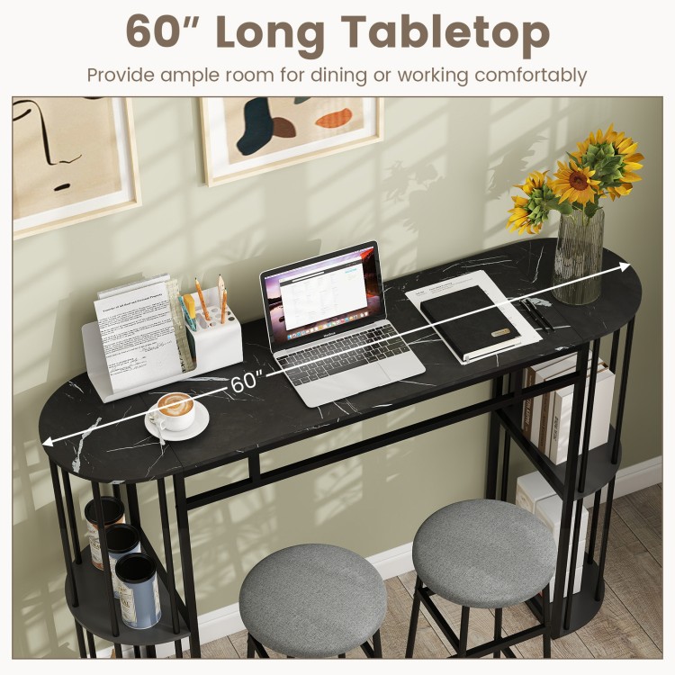 Narrow 60-inch black bar table with faux marble tabletop and double storage shelves, ideal for small kitchens or living.