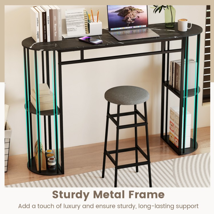 Narrow 60-inch bar table with faux marble tabletop and sturdy metal frame, ideal for small kitchens and living rooms.