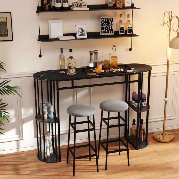 Narrow 60-inch black bar table with faux marble top and double shelves, ideal for small kitchens and gatherings.