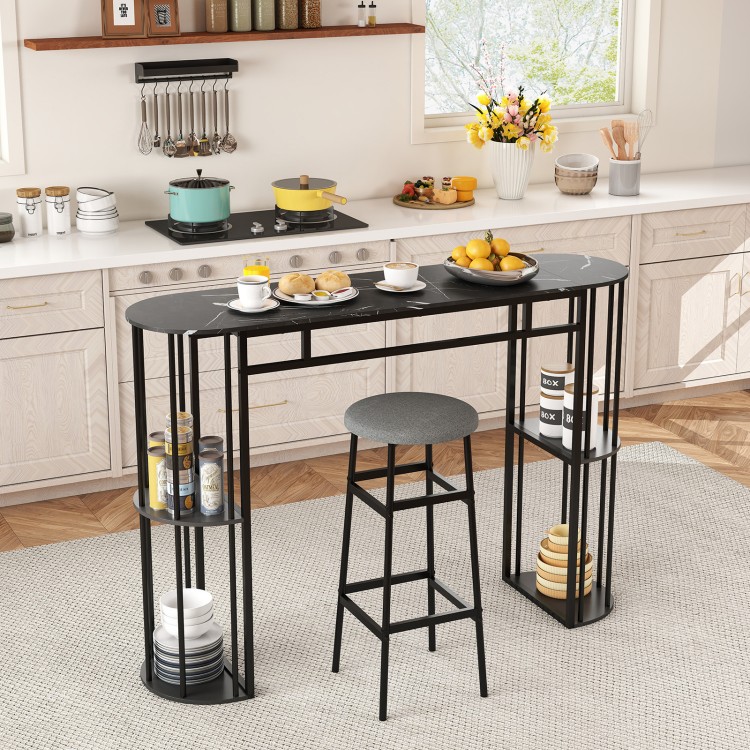 Narrow 60-inch black bar table with faux marble top and double shelves, perfect for small kitchens and dining spaces.