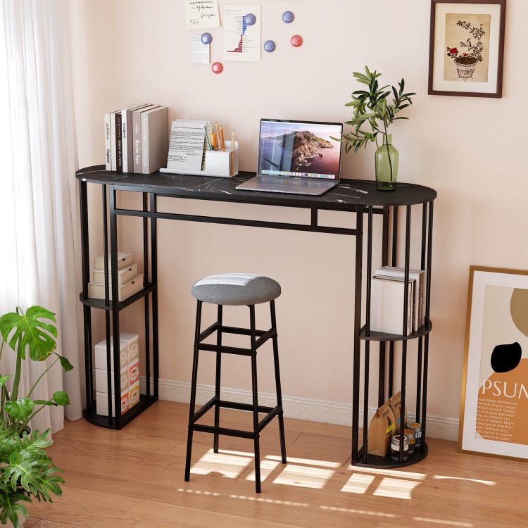 Narrow 60-inch bar table with faux marble top and black metal frame, featuring storage shelves for small spaces.