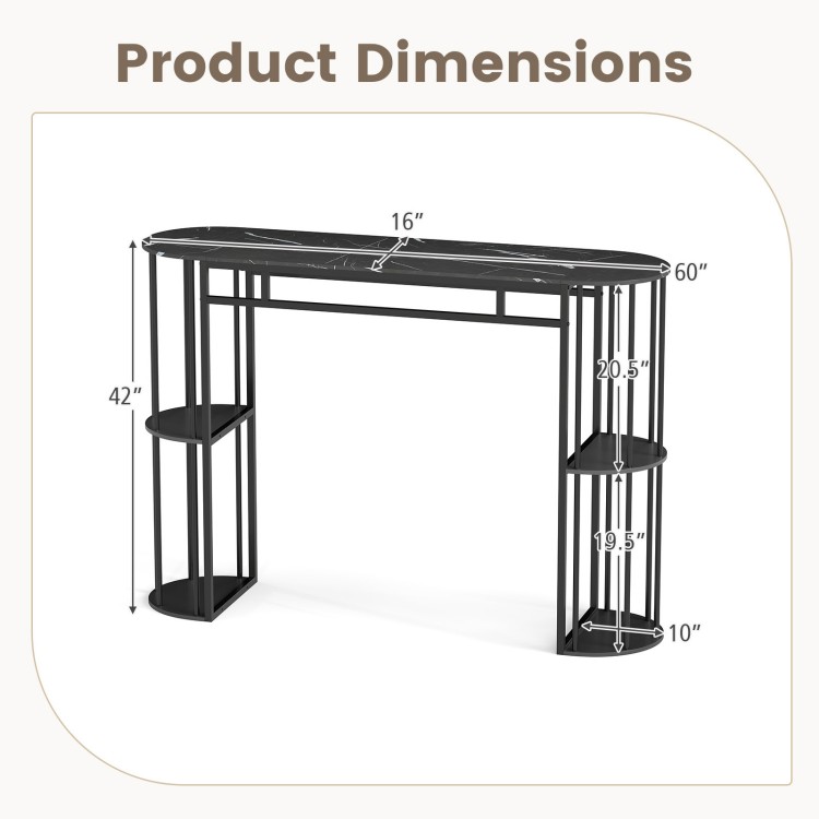 Narrow 60-inch bar table with faux marble tabletop and black metal frame, featuring semi-circular storage shelves.