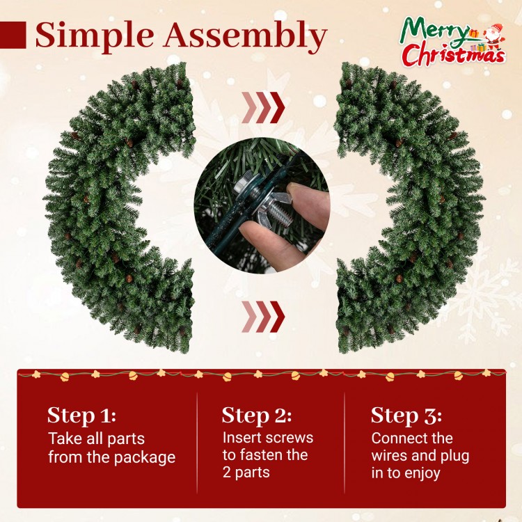60-inch pre-lit artificial Christmas wreath with 200 warm white LED lights, featuring simple assembly and festive.