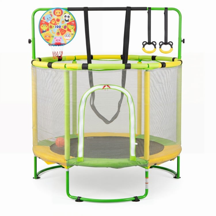 60-inch green toddler trampoline with enclosure, gymnastics bar, and basketball hoop for indoor and outdoor fun.
