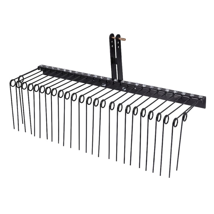 60-inch landscape rake with 26 metal coil tines for efficient debris collection, ideal for yards and farms.