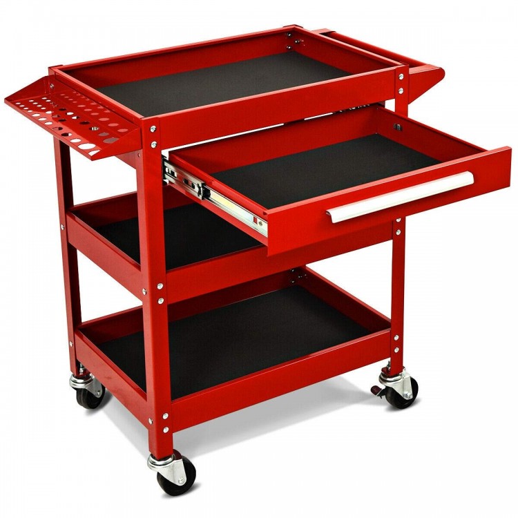 Red rolling tool cart with three trays, a sliding drawer, and ergonomic handle for easy mobility and storage.