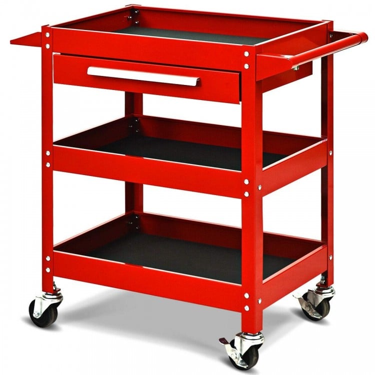 Red rolling tool cart with three trays, a drawer, and ergonomic handle for easy mobility in garage or workshop.